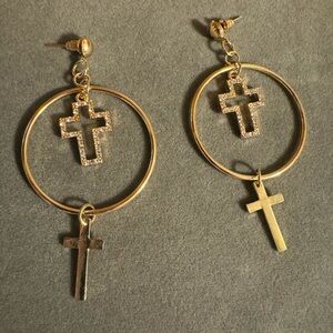 Gold tone statement, dangle, cross rhinestone earrings
